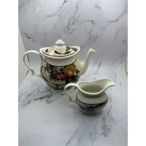 222 Fifth Yuletide Celebration Teapot and Creamer Set Fine China Holiday Fruit